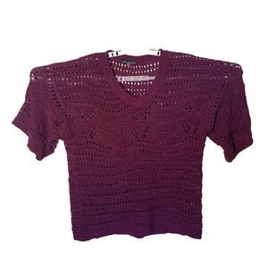 Cable & Gauge Sweater Womens Large Purple Open Knit Acrylic Boho V-Neck Pullover